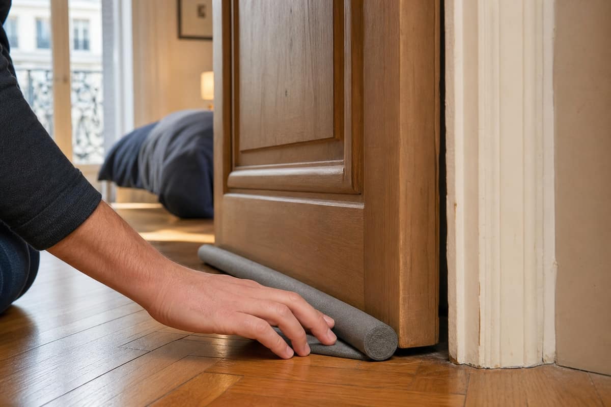 Main posant un joint en mousse au bas d'une porte de chambre