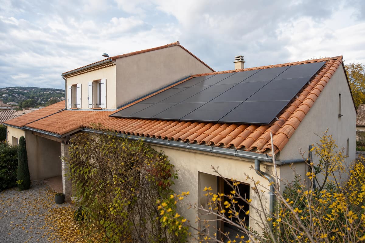 Panneaux photovoltaïques noirs posés sur une toiture en tuiles à l’automne