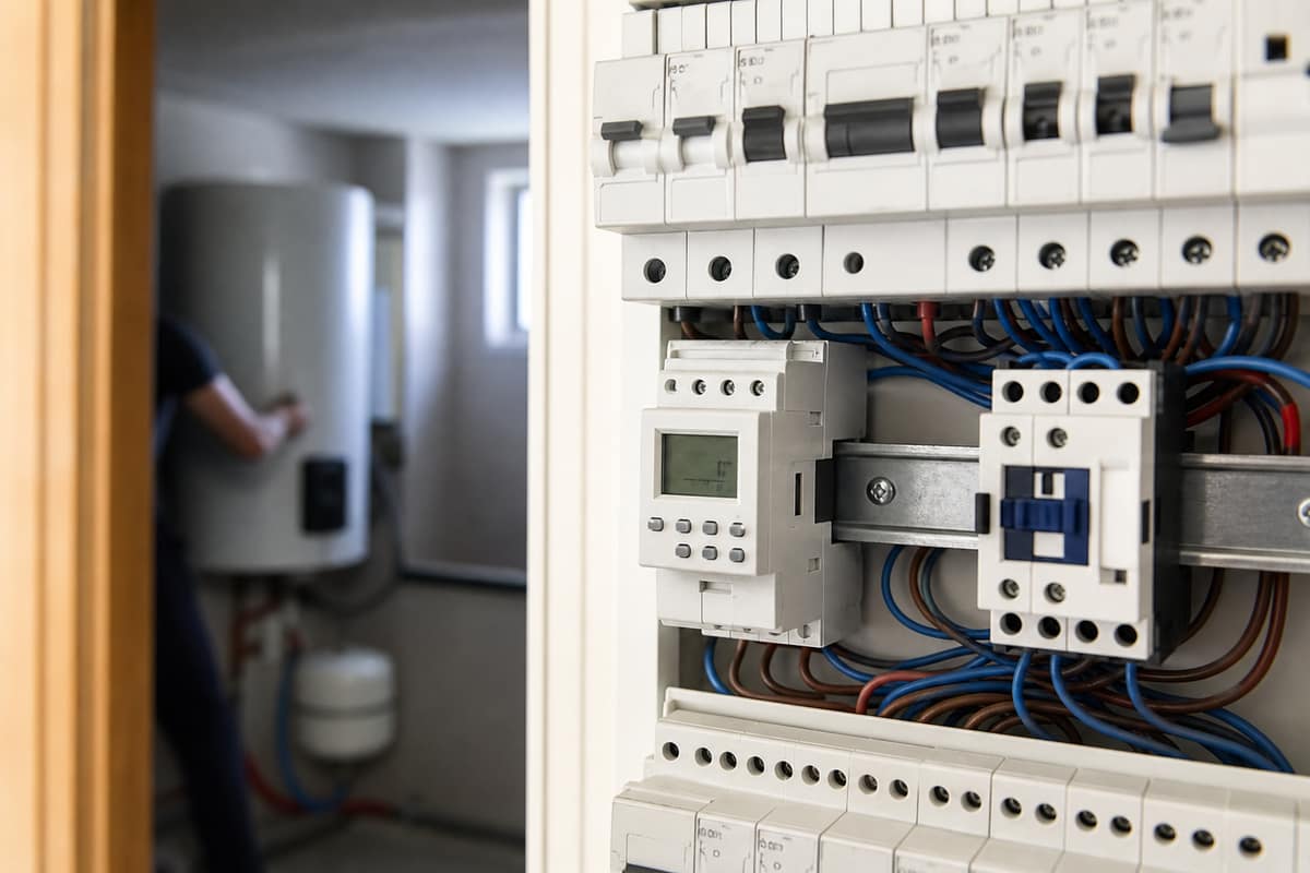 Programmateur modulaire et contacteur jour-nuit installés dans un tableau électrique domestique