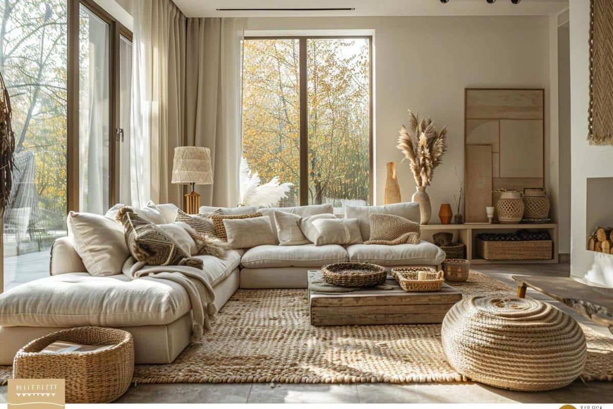 Salon d’appartement rangé avec meuble fermé, panier et table basse dégagée