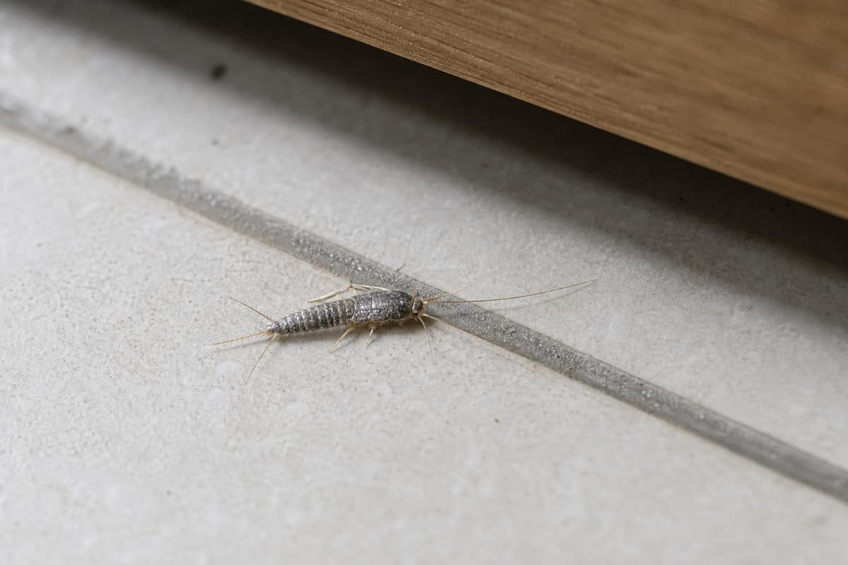 Poisson d’argent sur un carrelage clair près d’un joint de salle de bain