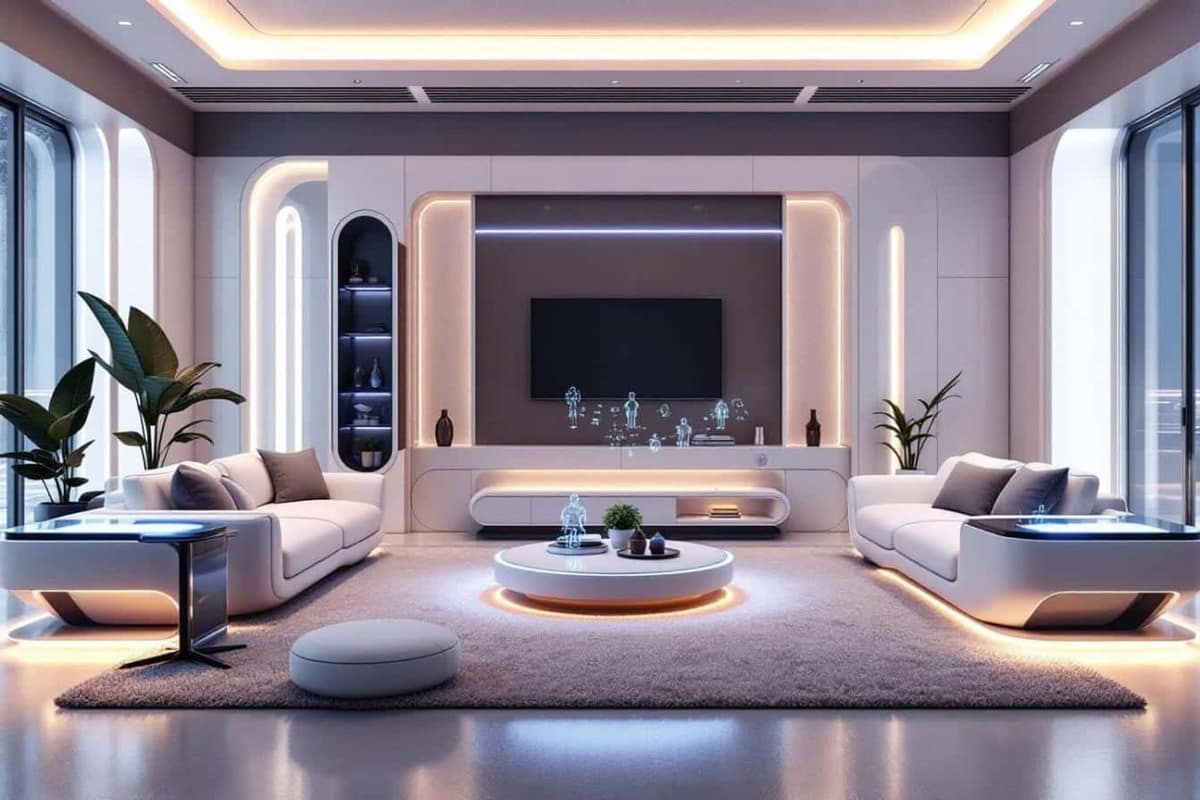 Salon d’appartement avec thermostat connecté, capteur discret et éclairage pilotable