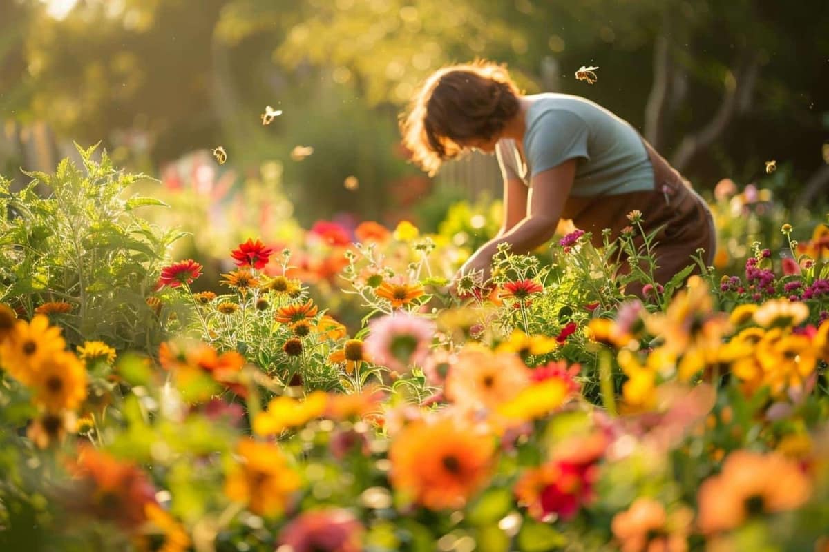 Mains rempotant du basilic sur un balcon fleuri avec outils de jardinage