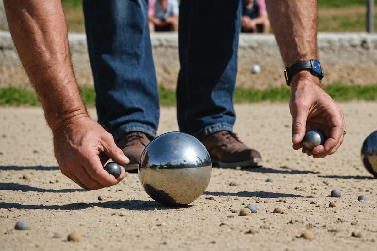 Boules métalliques et cochonnet sur un terrain de pétanque français