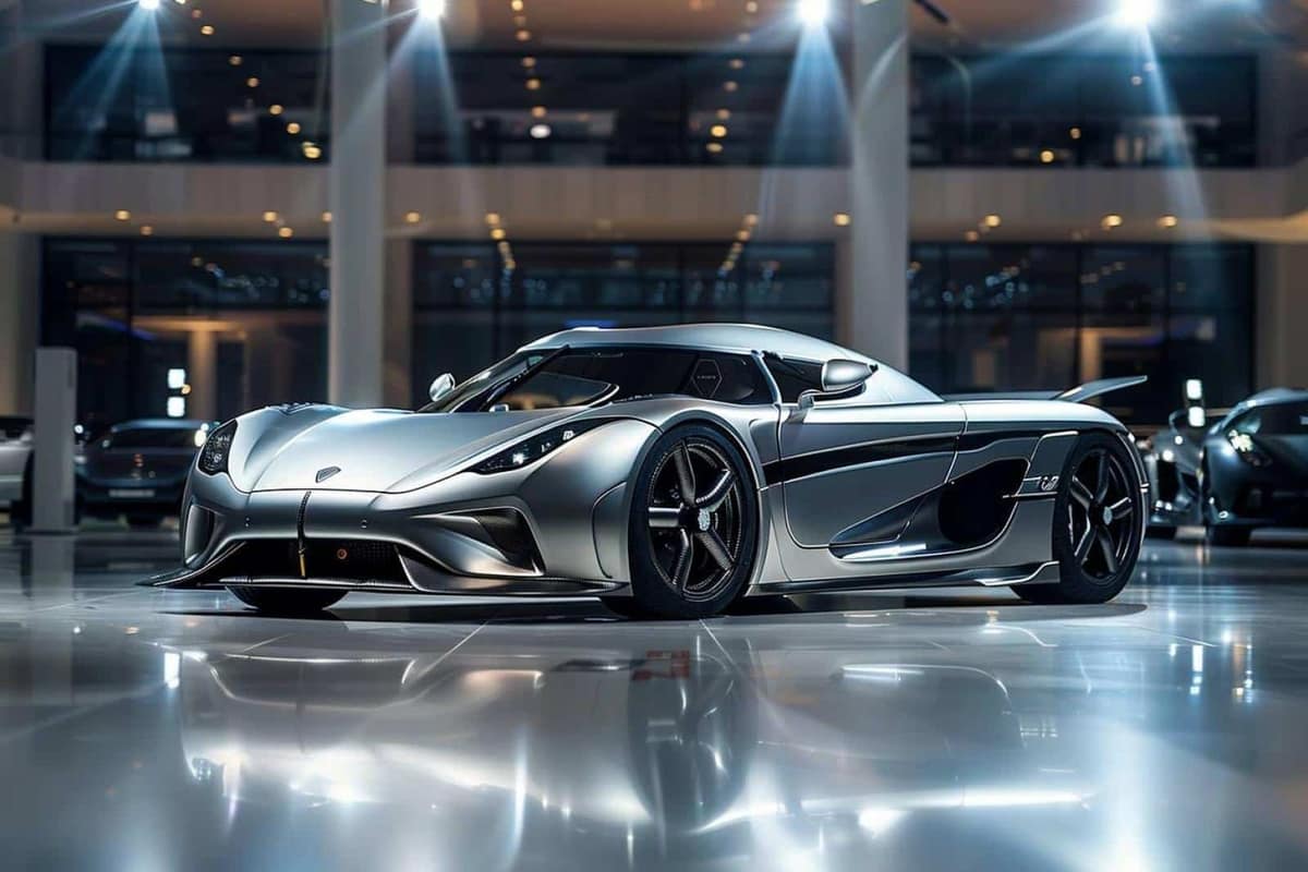 Hypercar Koenigsegg Jesko Absolut vue arrière sur une piste d’essai dégagée