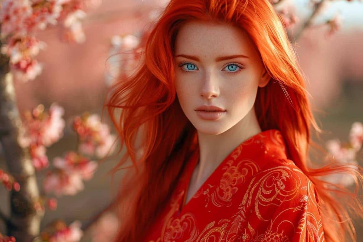 Cosplay de kunoichi aux longs cheveux rouges dans une forêt brumeuse