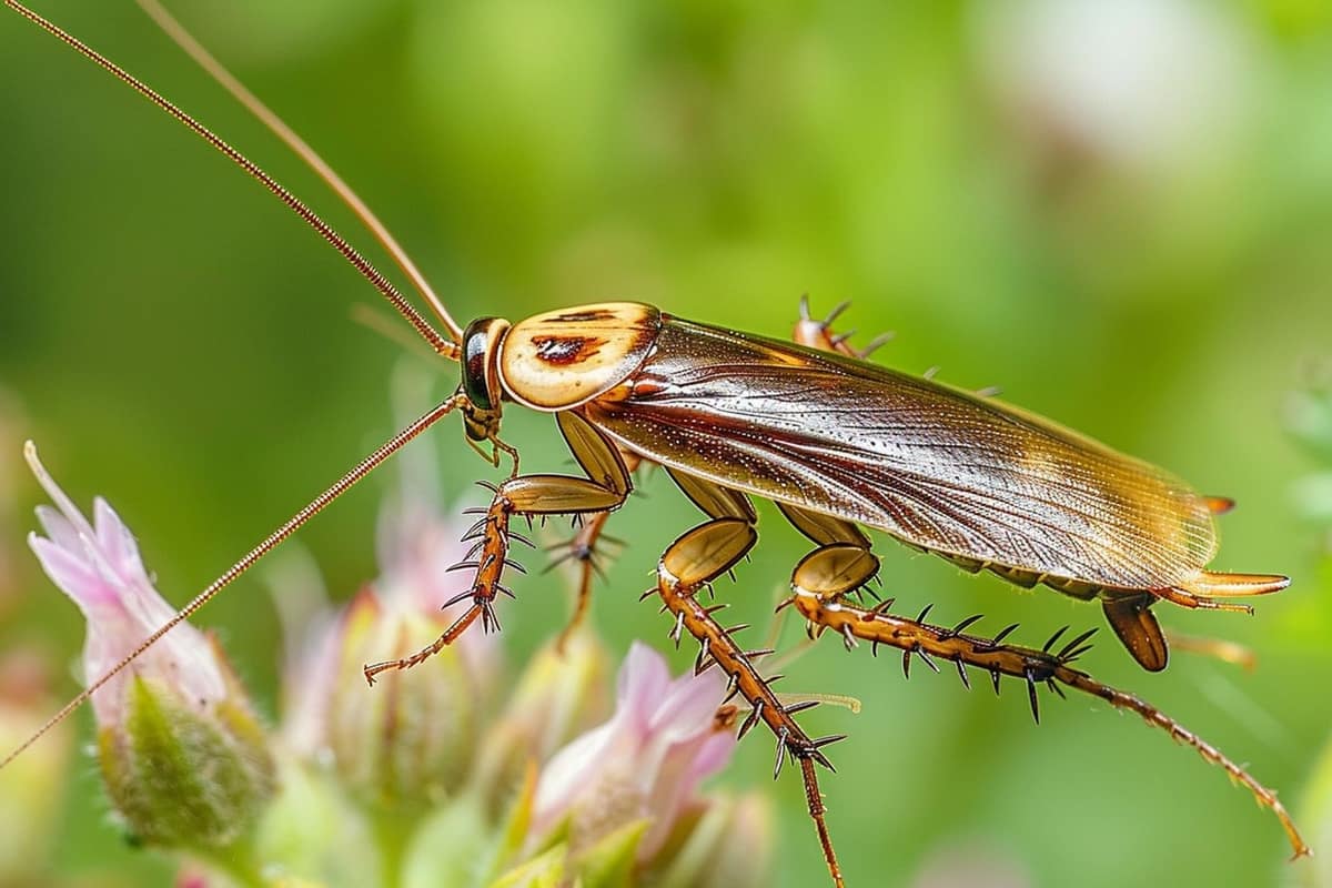 Petite blatte de jardin brune sur des feuilles mortes près d’un carabe