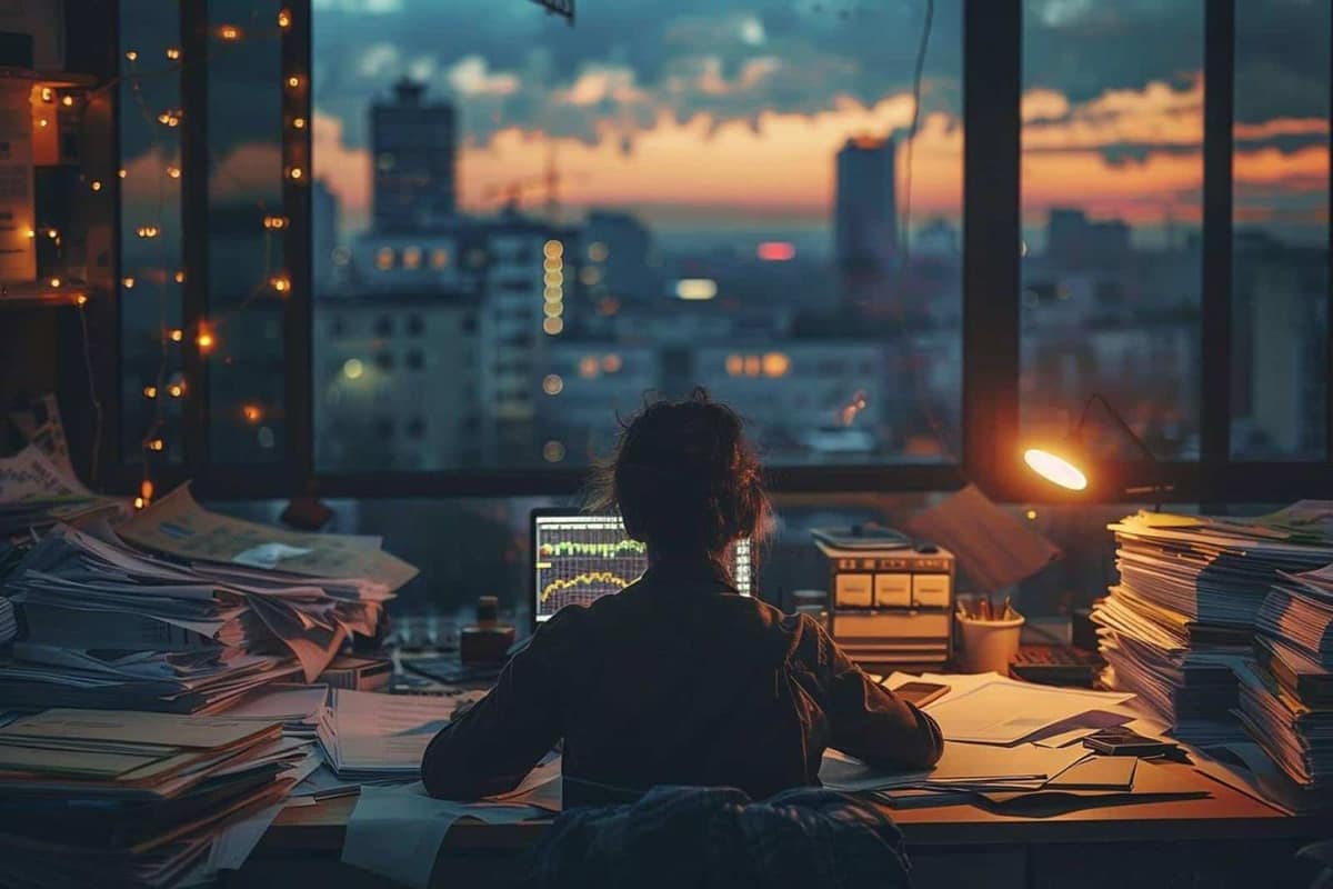 Bureau familial avec budget, euros, calculatrice et graphique financier sans texte