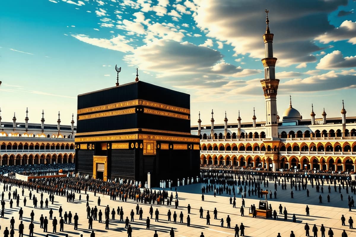 Vue panoramique de la Kaaba et des arcades illuminées à La Mecque