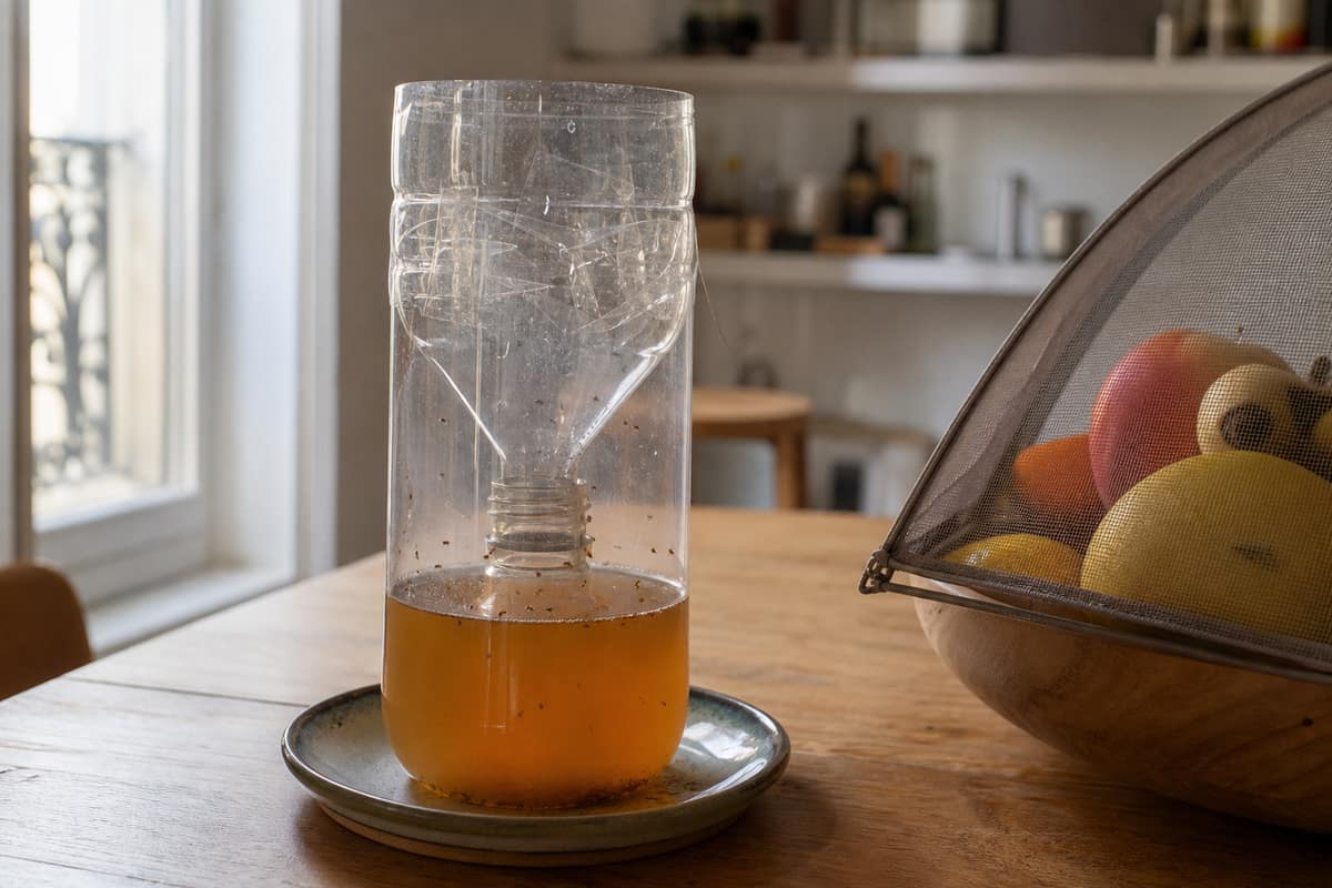 Piège à drosophiles en bouteille avec vinaigre de cidre sur un plan de travail