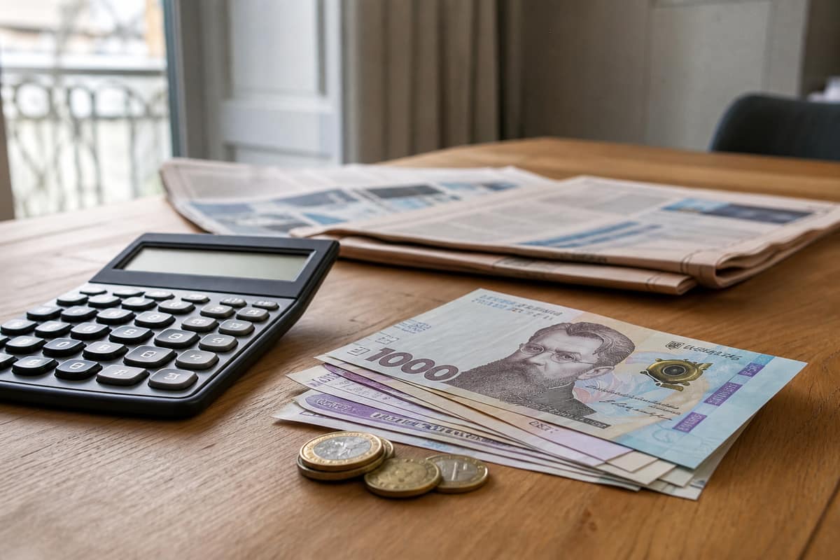 Billets ukrainiens et pièces en euros posés sur un bureau lumineux