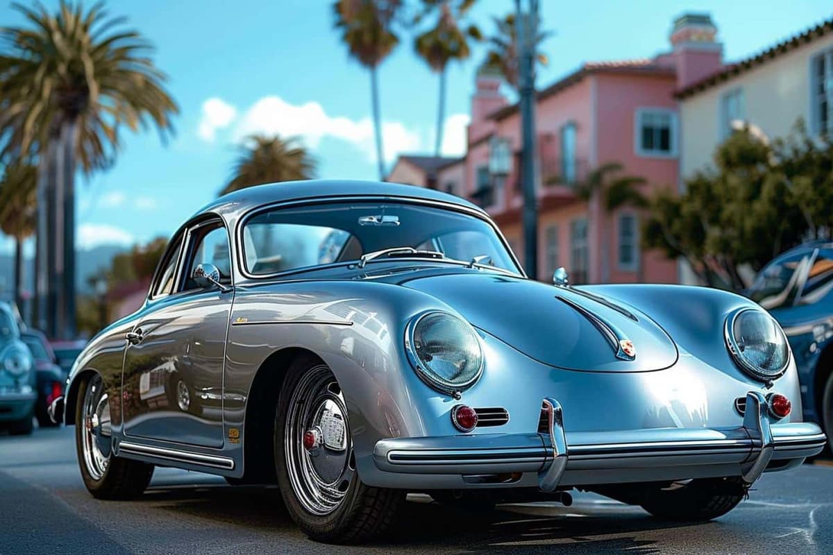 Réplique grise inspirée de la Porsche 356 stationnée sur une route française