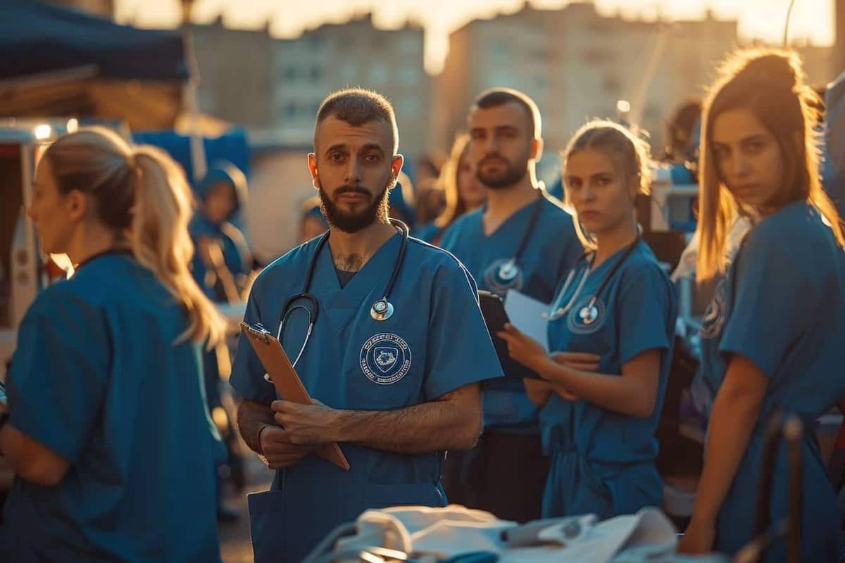 Professionnels de santé préparant une mission de renfort sanitaire dans un centre de coordination