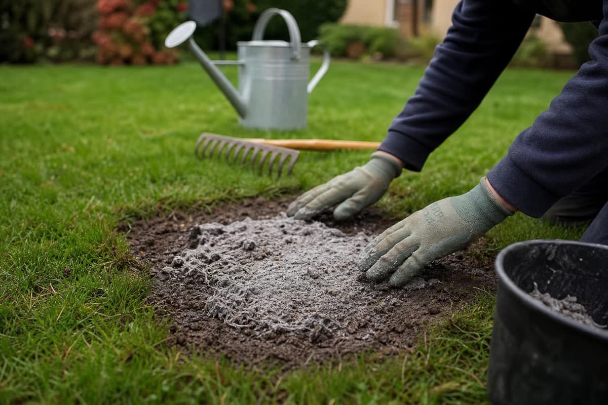Petite zone de pelouse réparée avec graines, terreau et fibres de papier humide