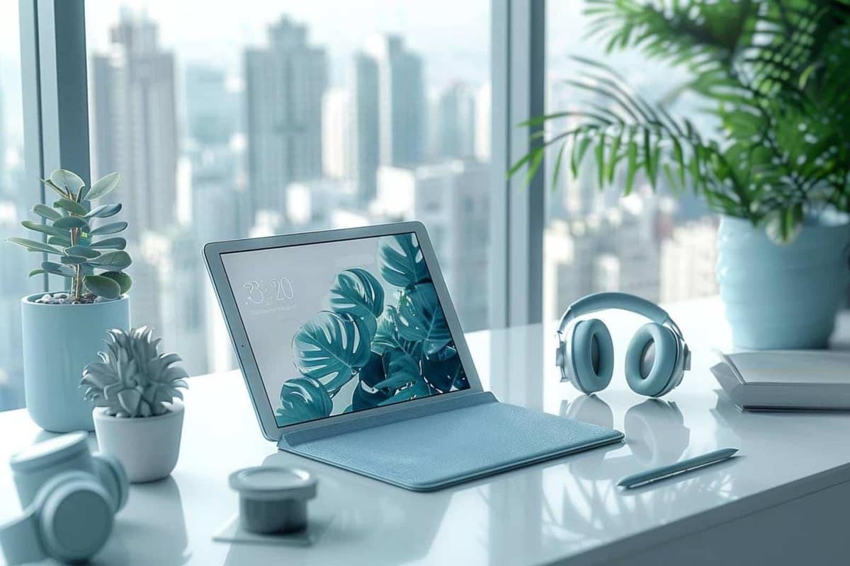 Tablette Android générique, boîte ouverte et accessoires sur un bureau en bois