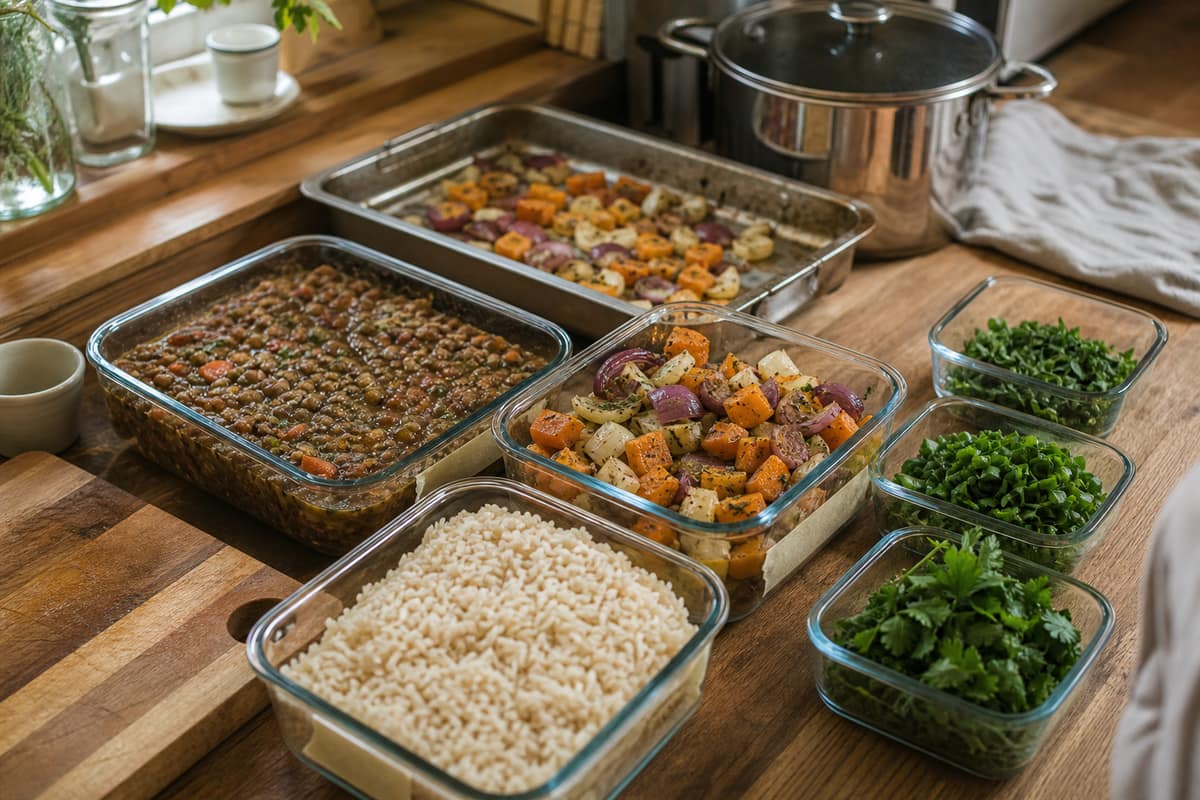 Boîtes en verre remplies de plats préparés et légumes rôtis sur un plan de travail