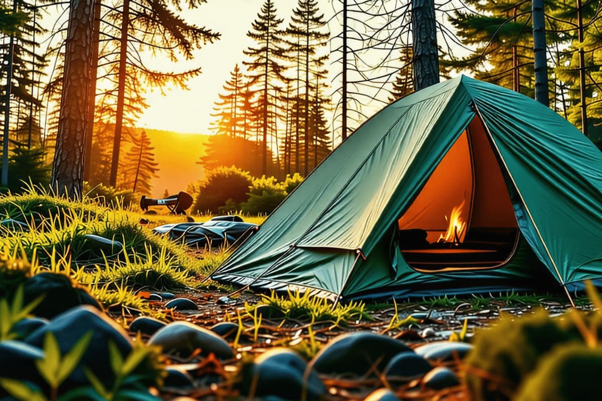 Petite tente de randonnée installée à l’aube dans une zone de bivouac alpine.
