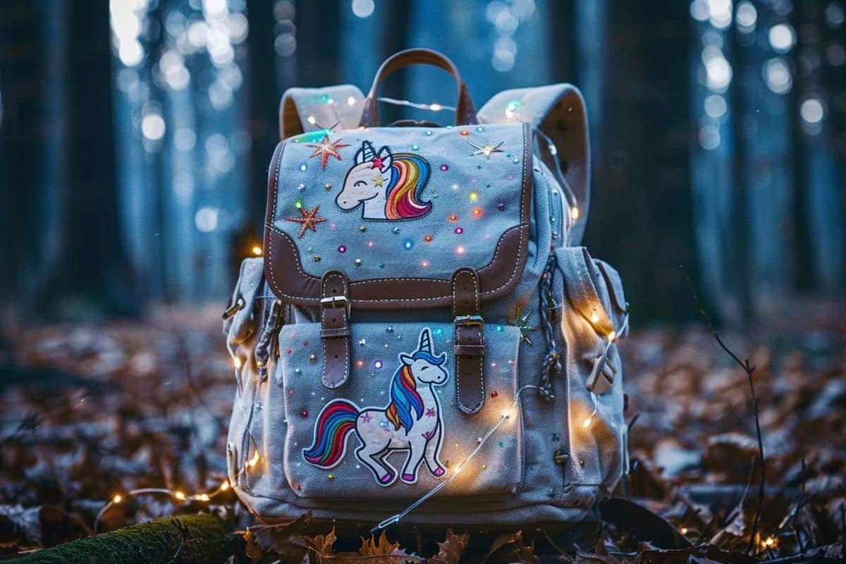 Cartable d’école ouvert avec cahier, trousse et gourde dans une entrée familiale