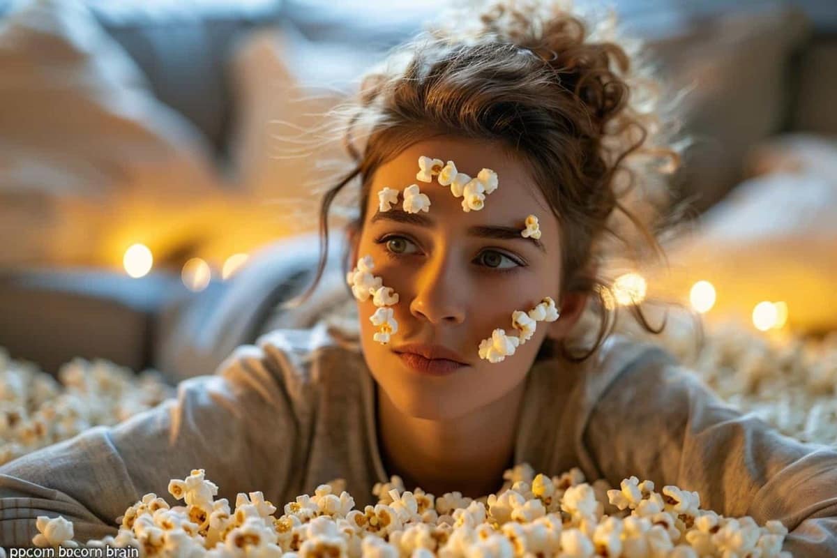 Téléphone posé face contre table, carnet et bol de popcorn dans un salon calme