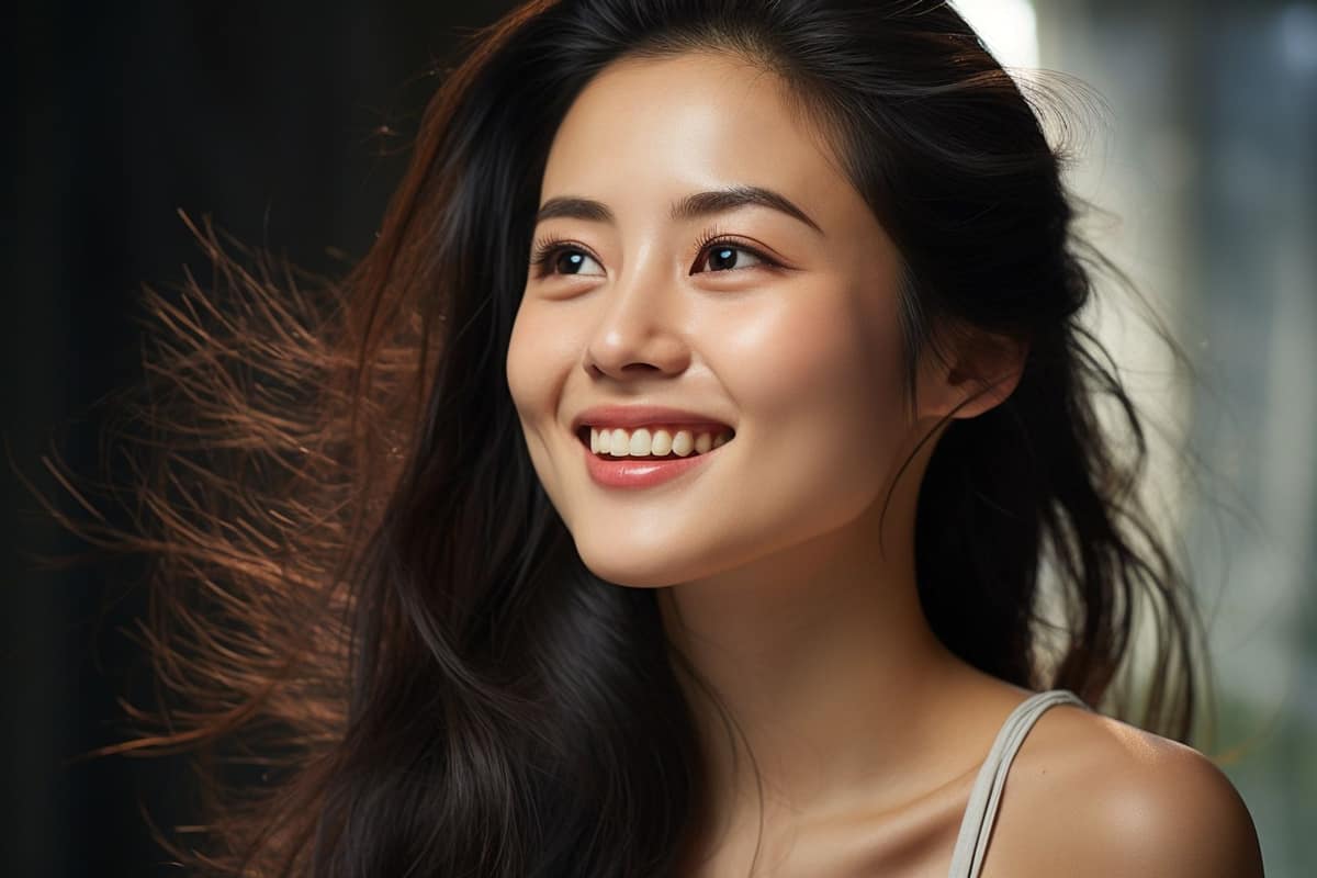 Sourire de trois quarts montrant une fossette naturelle sur la joue