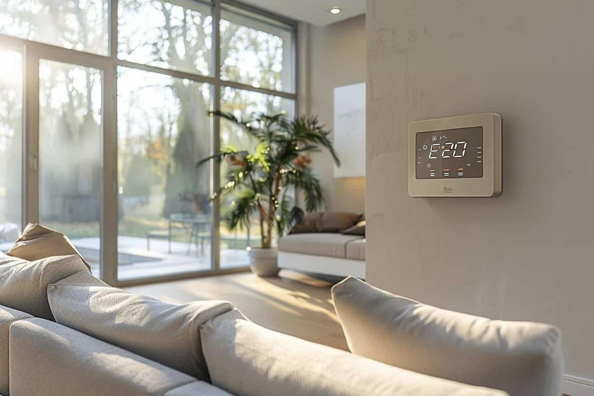 Radiateur électrique moderne dans un salon lumineux avec thermostat posé sur une table