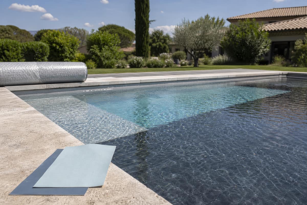 Piscine résidentielle avec liner anthracite, eau claire et bâche à bulles enroulée