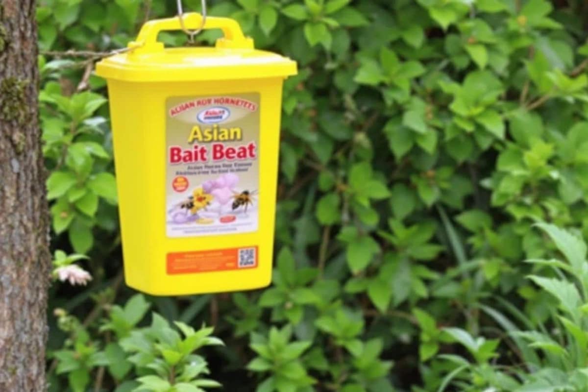 Piège sélectif transparent suspendu dans un jardin avec appât fermenté ambré