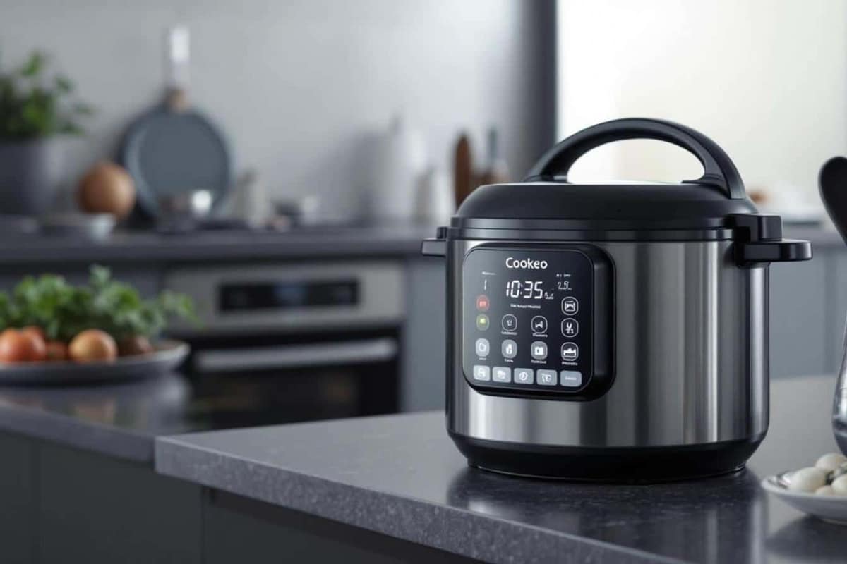Multicuiseur électrique ouvert avec un plat de légumes mijotés sur plan de travail