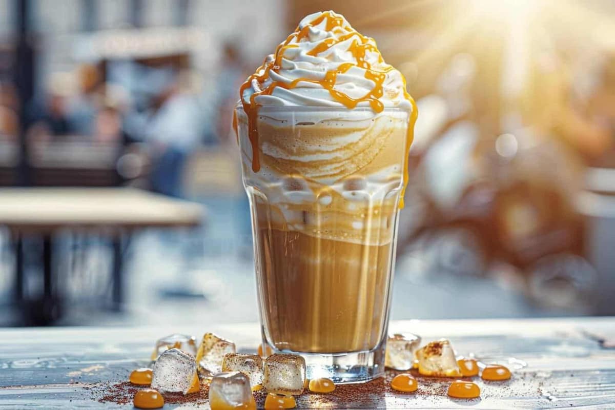 Verre de café frappé maison avec glaçons de café sur plan de travail