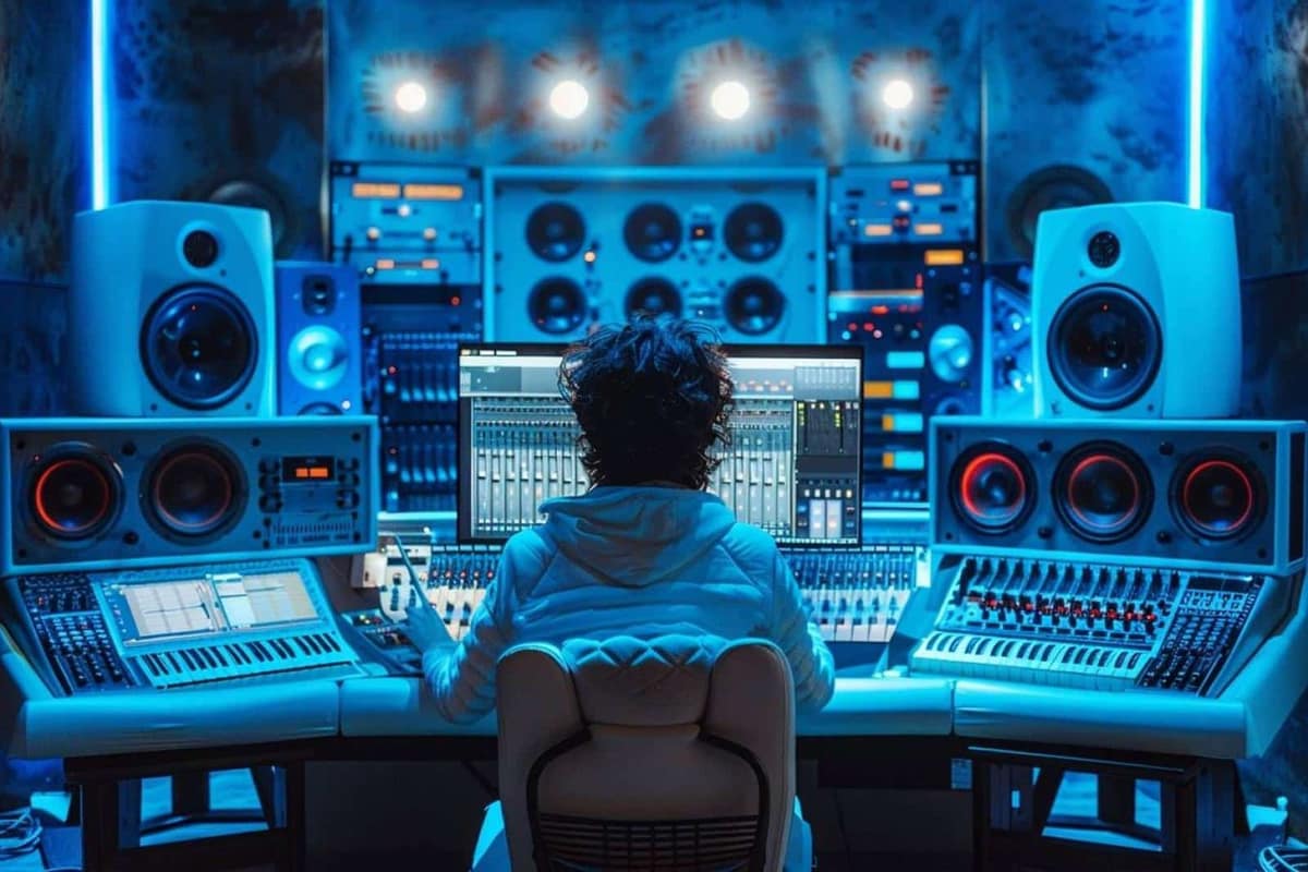 Studio de mastering à domicile avec enceintes, casque et interface audio