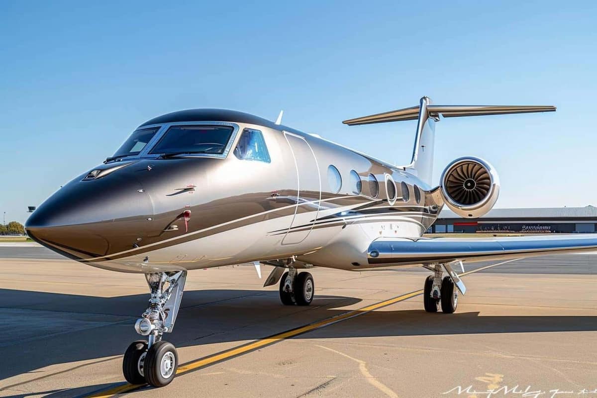 Grand jet d’affaires blanc stationné devant un terminal d’aviation privée européen