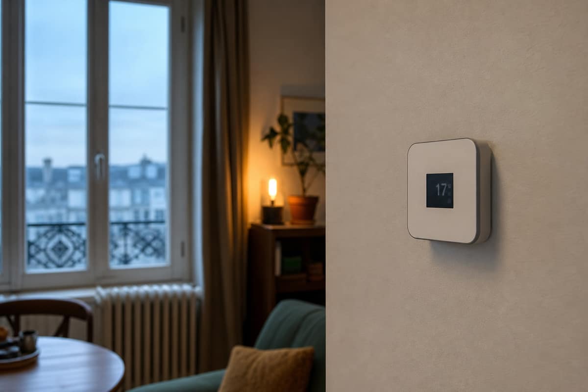 Thermostat programmable réglé pour la nuit près d’un radiateur dans un salon