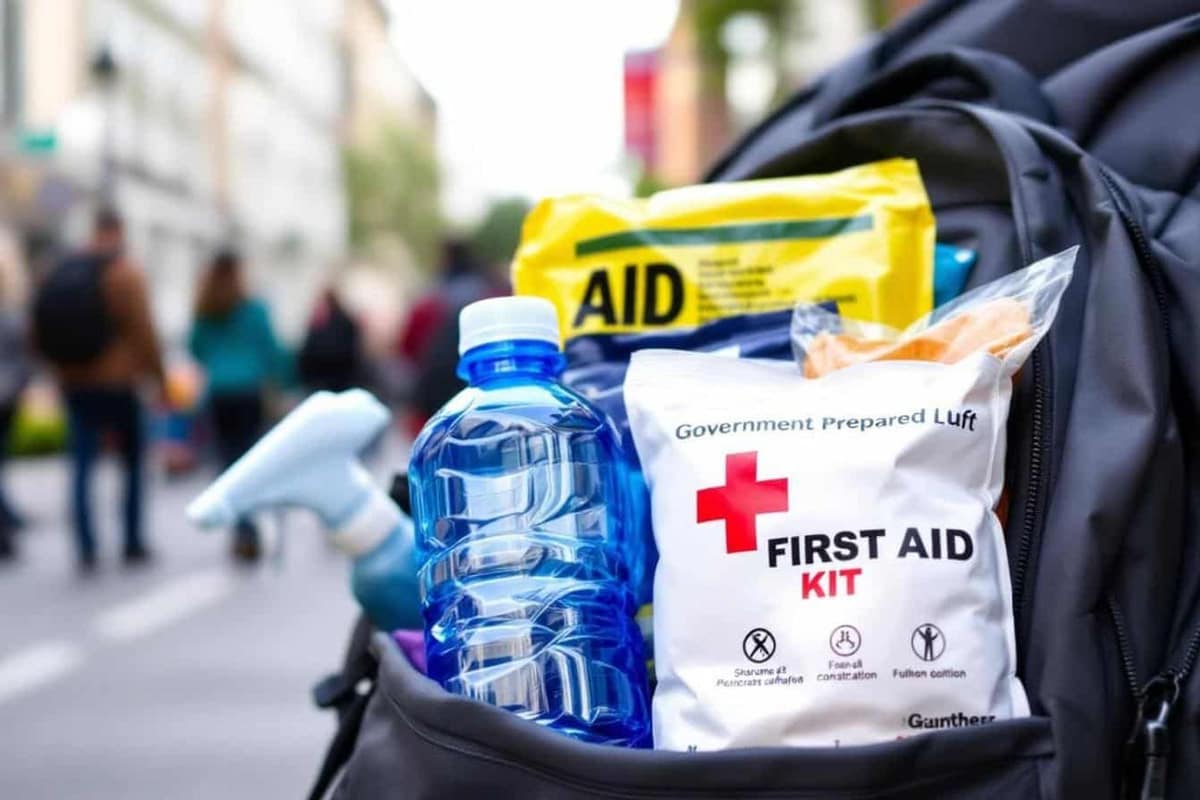 Sac d’évacuation ouvert avec eau, lampe, radio et trousse de secours