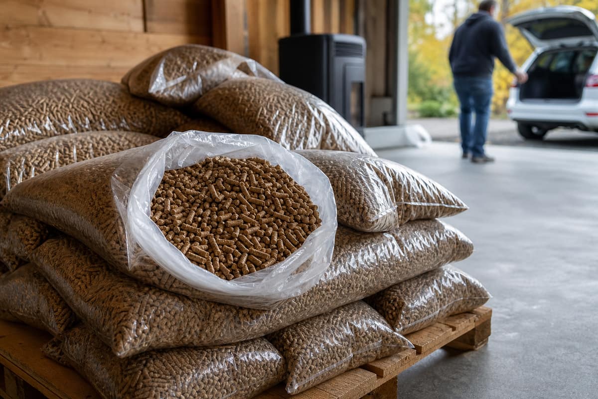 Sacs de granulés de bois stockés au sec sur une palette dans un garage