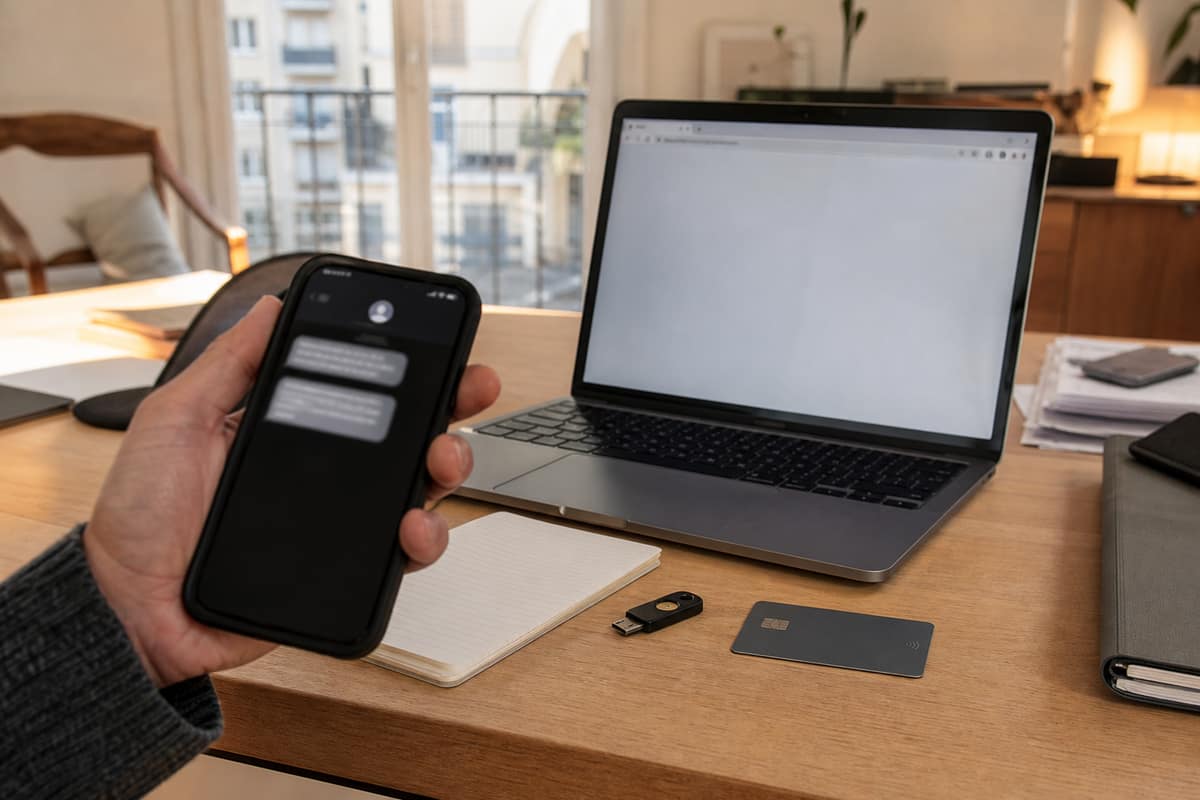 Smartphone et ordinateur sur un bureau pour vérifier un message suspect