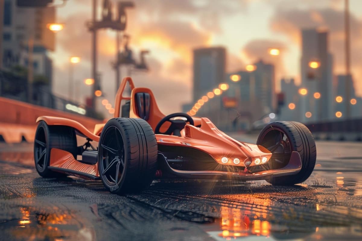 Hoverboard kart noir posé sur une cour privée aux dalles lisses
