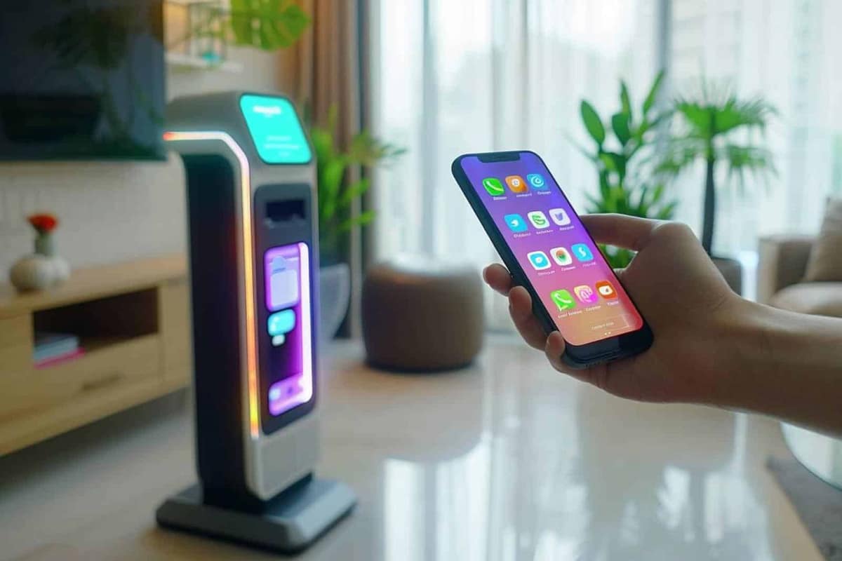 Smartphone, ordinateur et disque externe organisés sur un bureau lumineux