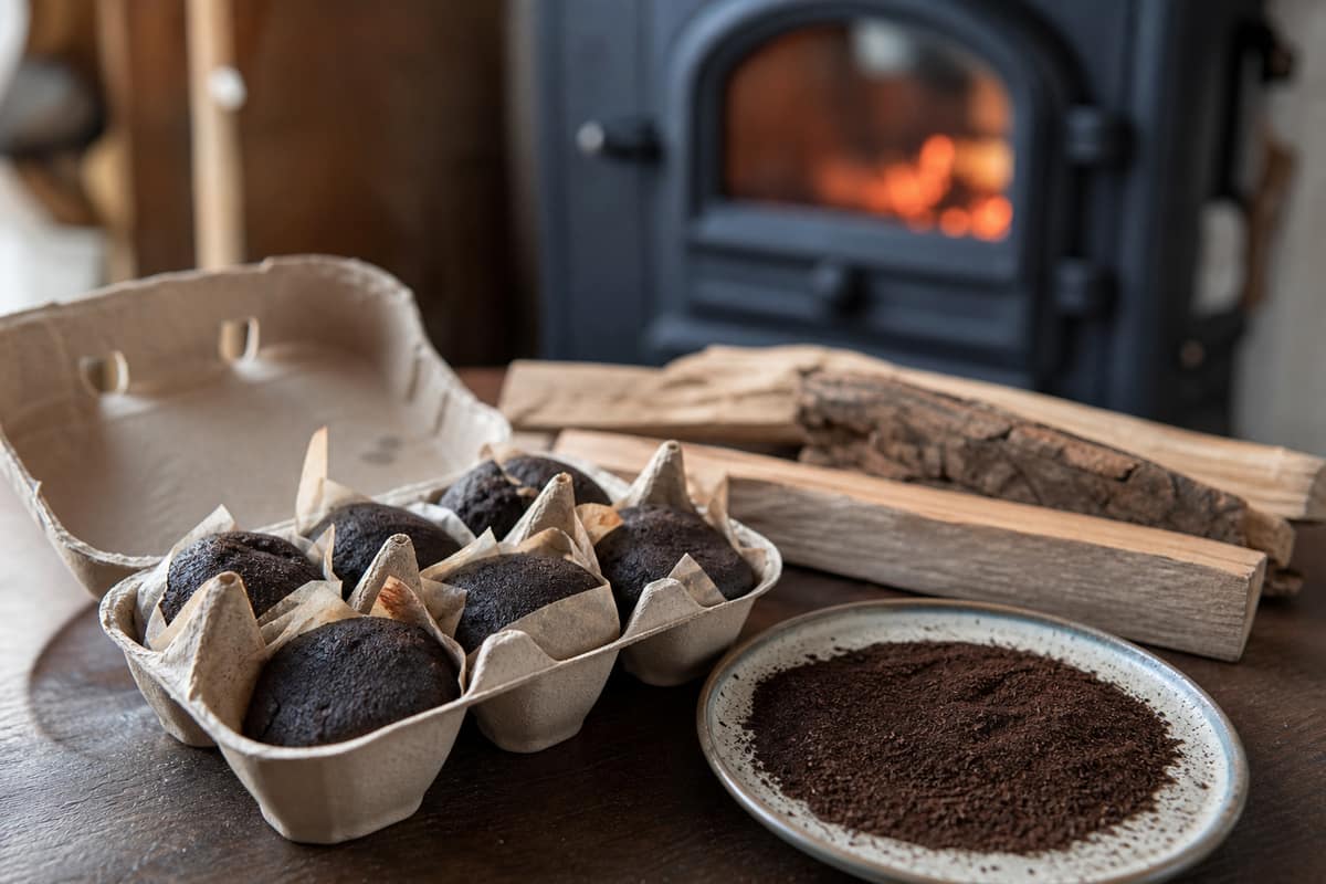 Allume-feux maison au marc de café dans une boîte à œufs en carton