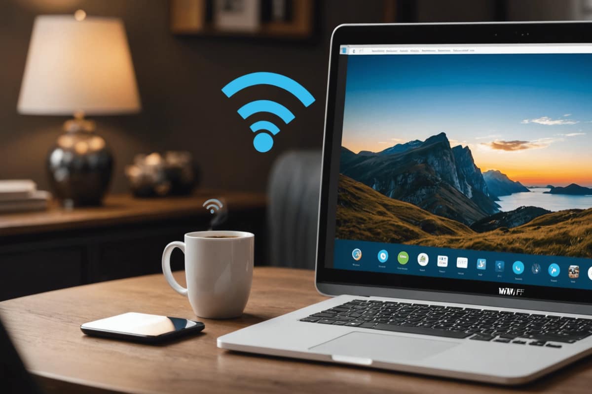 Box Wi-Fi ouverte près d’un ordinateur analysant la couverture du logement