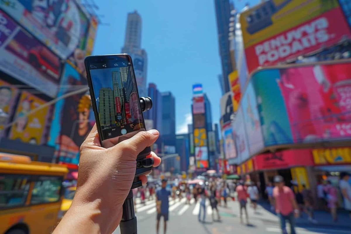 Smartphone fixé sur un gimbal filmant une rue piétonne en fin de journée