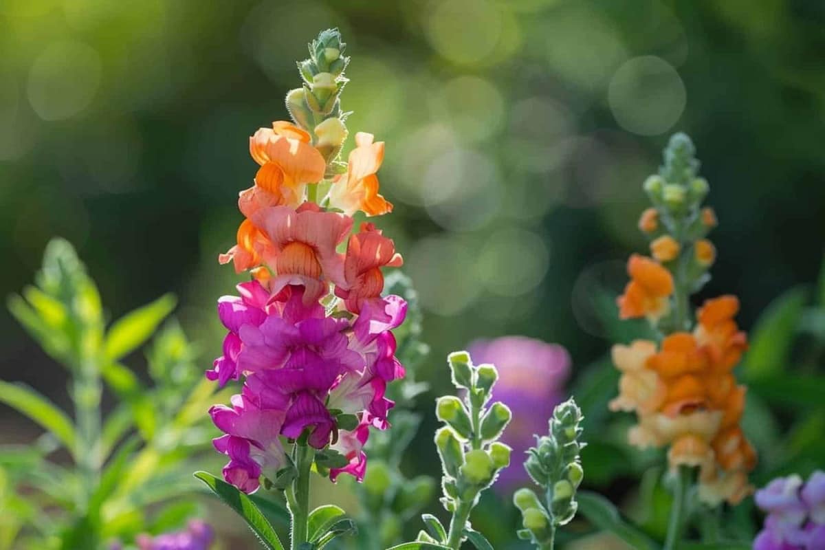 Épis de mufliers roses, jaunes et abricot dans une bordure de jardin fleurie