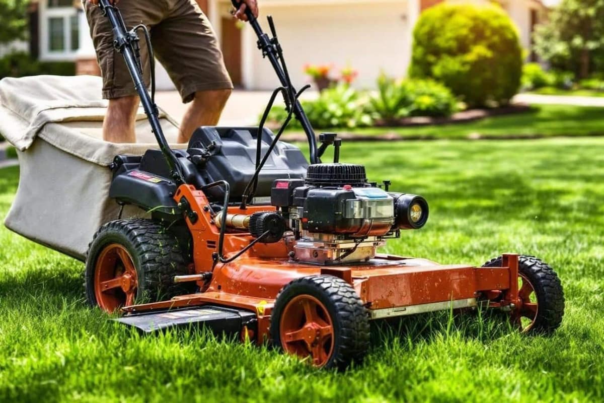 Tondeuse mulching sur une pelouse sèche sans amas d’herbe visibles