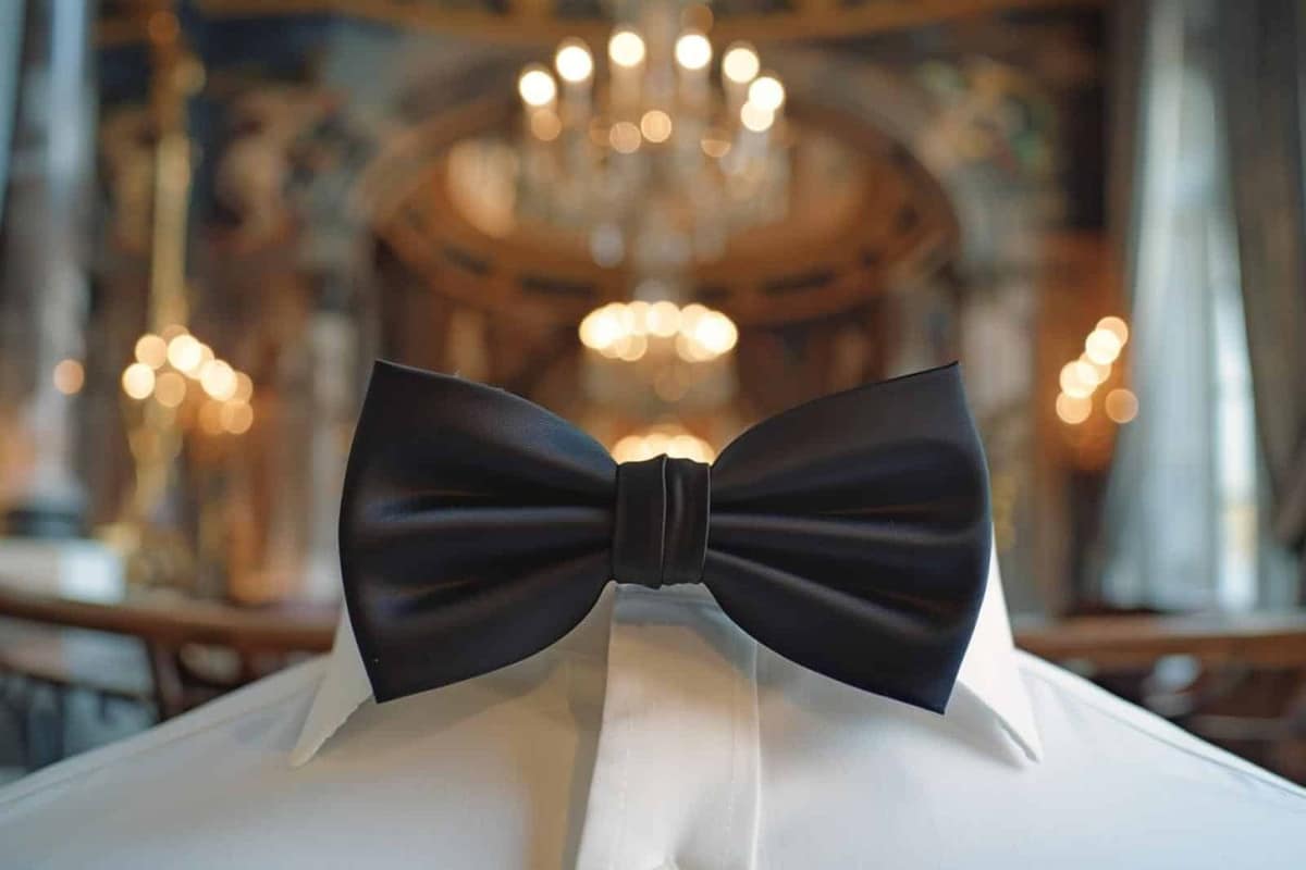 Nœud papillon bleu marine sur chemise blanche et costume gris élégant