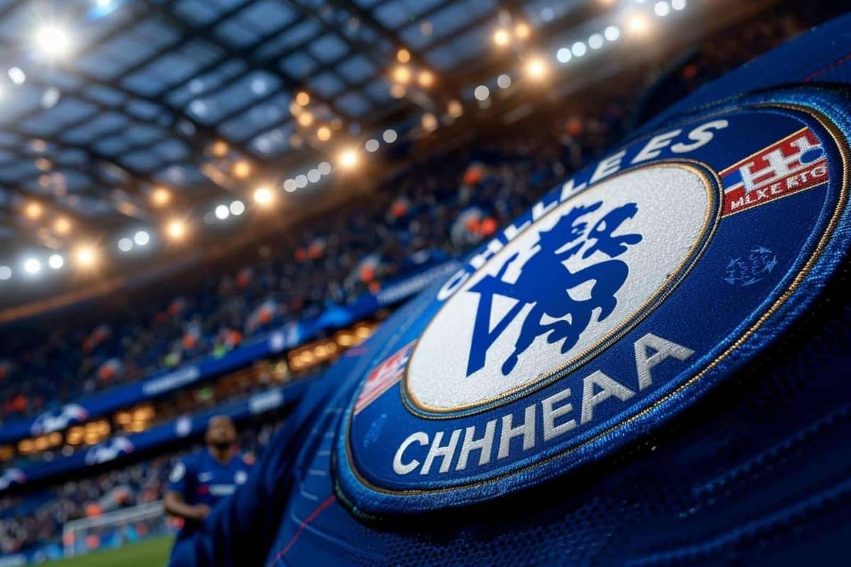Maillot bleu sans marque, écharpe de football et écusson de lion brodé