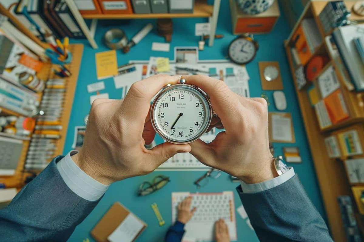Bureau avec minuteur, carnet et ordinateur pour suivre le temps de travail