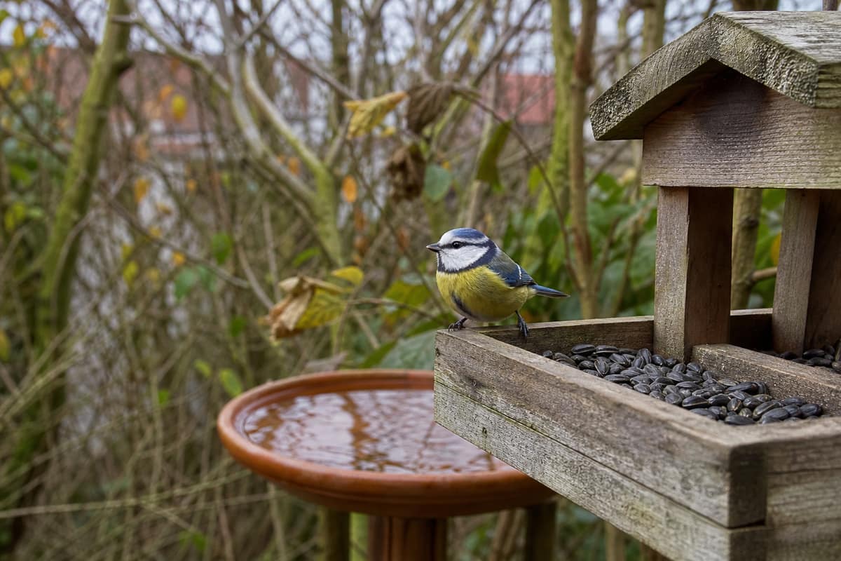Mésange bleue sur une mangeoire en bois dans un jardin avec haie