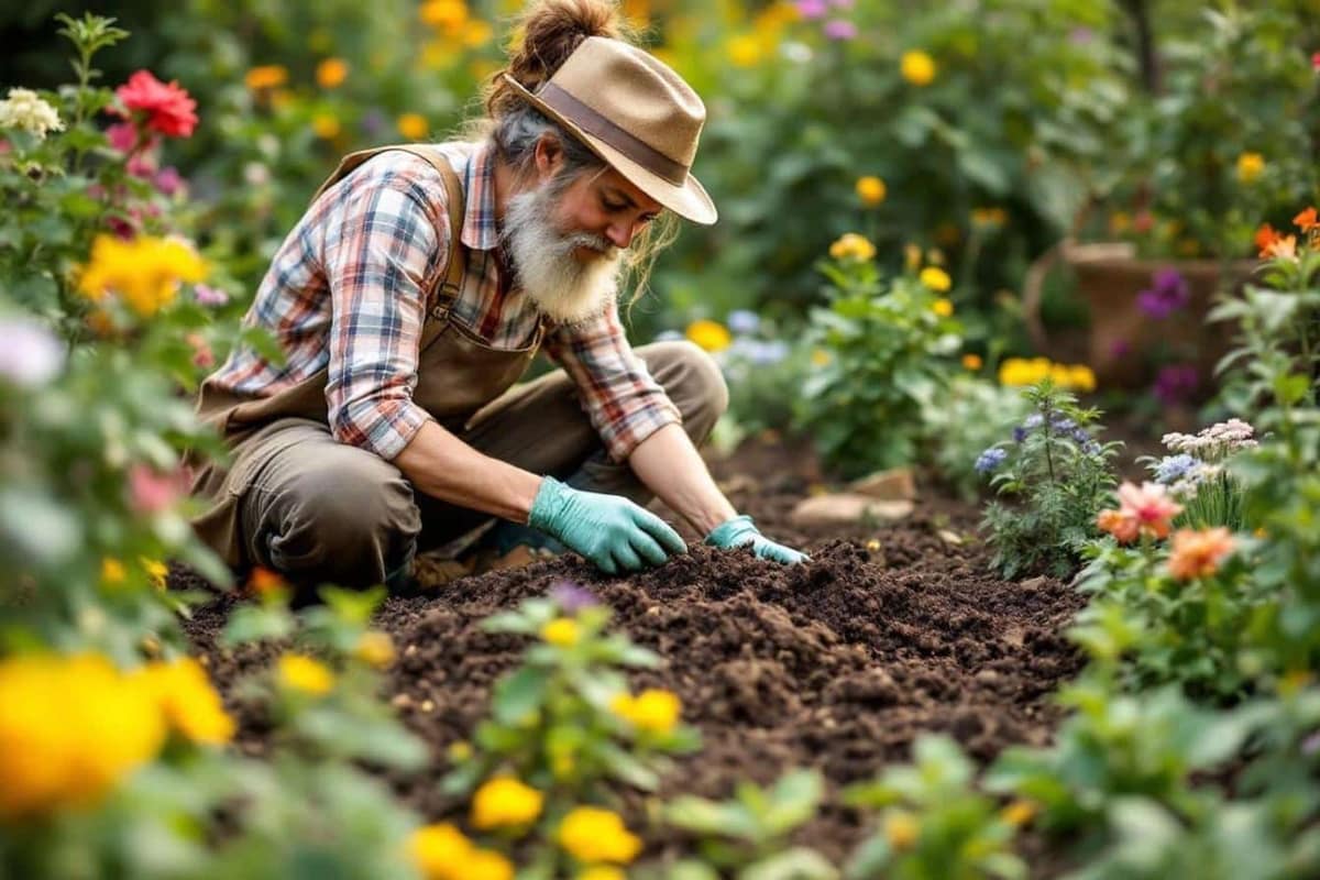 Cartons bruns humides recouverts de compost dans un potager au printemps