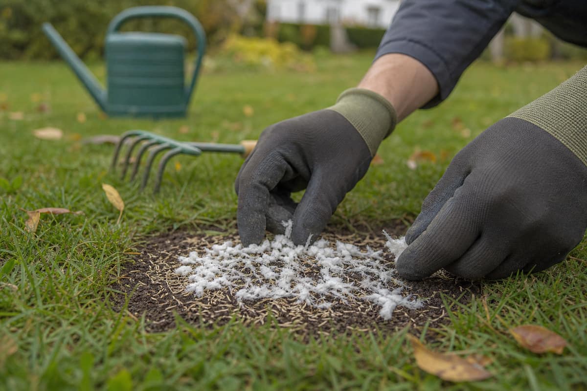Petite zone de pelouse semée, couverte de compost et de fibres de papier humide