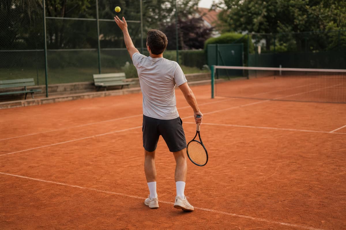 Joueur amateur préparant un service sur un court de tennis en terre battue