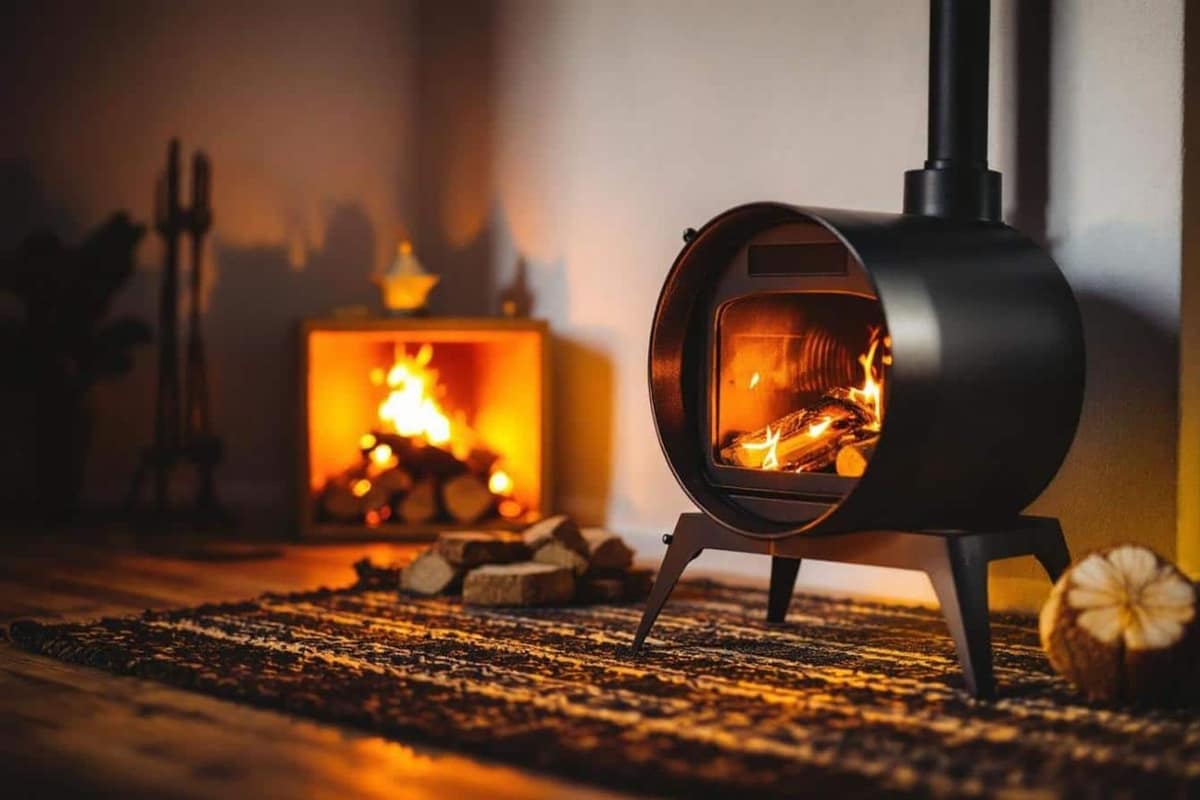 Ventilateur thermoélectrique noir posé sur un poêle à bois en fonte
